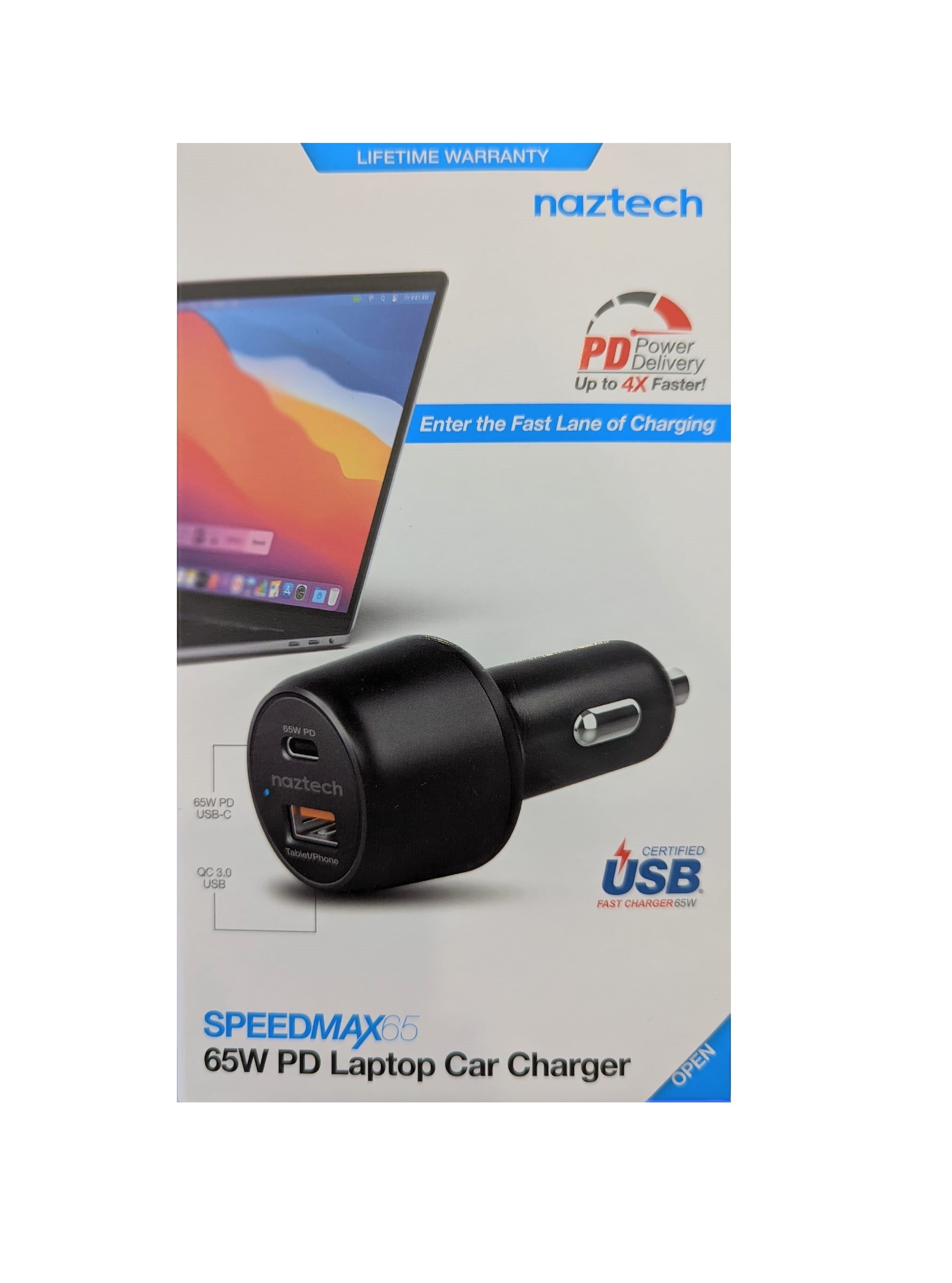 SpeedMax65 65W USB-C PD + USB Laptop Car Charger with Quick Charge 3.0 |  Black